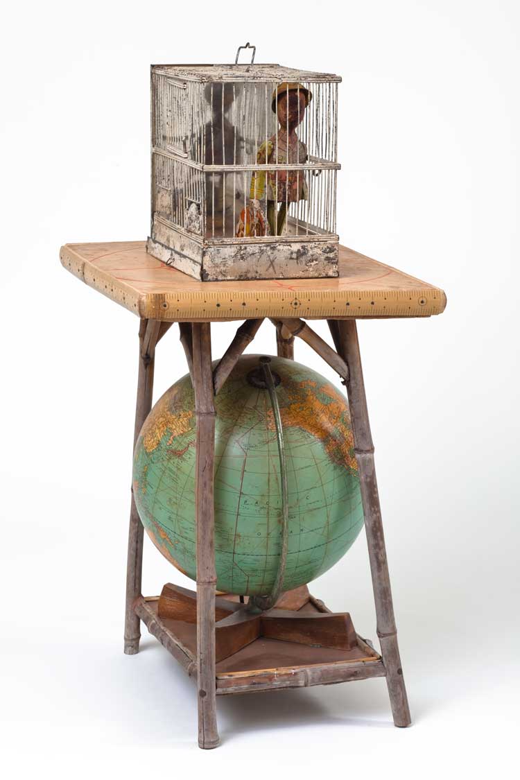 Betye Saar, Globe Trotter, 2007. Mixed-media assemblage, 32 1/2 x 18 1/4 x 14 1/8 in. © Betye Saar. Courtesy the artist and Roberts Projects, Los Angeles. Photo: Brian Forrest.