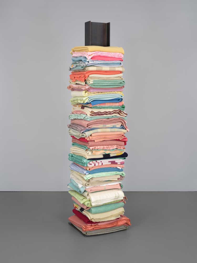 Marie Watt, Skywalker/Skyscraper (Axis Mundi), 2012. Reclaimed wool blankets and steel, overall: 96 x 20 x 22 in. Whitney Museum of American Art, New York.