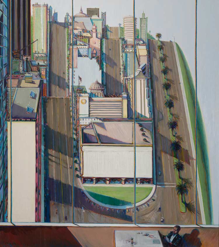 Wayne Thiebaud. Window Views, 1989-93. Oil on canvas, 72 x 64 in (182.88 x 162.56 cm). Private Collection © 2025 Wayne Thiebaud Foundation / Licensed by VAGA at Artists Rights Society (ARS), NY Photograph by Randy Dodson, courtesy of the Fine Arts Museums of San Francisco.