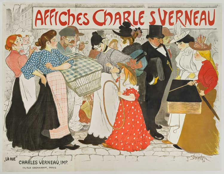 Théophile Alexandre Steinlen (1859-1923). Charles Verneau Printing House (Paris). Charles Verneau Posters, La Rue, 1896.
Colour lithograph, 240 × 300 cm. Paris, National Library of France, Department of Prints and Photography. Photo: BnF.