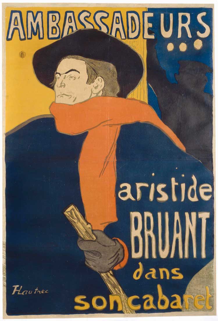 Henri de Toulouse-Lautrec (1864-1901). Edward Ancourt Printing. Ambassadeurs. Aristide Bruant dans son cabaret, 1892. Colour lithograph, 134 × 95 cm. Paris, National Library of France, Department of Prints and Photography. Photo: BnF.