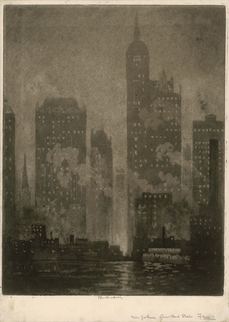 Joseph Pennell, From the Cortlandt Street Ferry, 1908. Sandpaper ground, aquatint and etching. © Staatliche Museen zu Berlin, Museum of Prints and Drawings / Dietmar Katz.