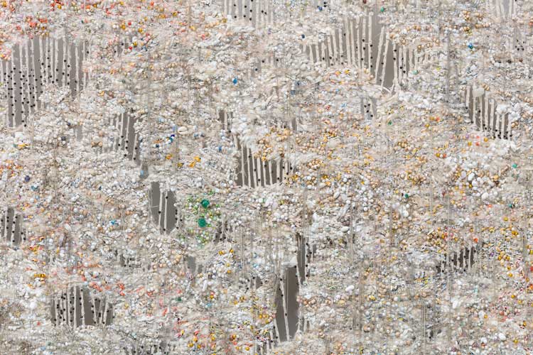 Igshaan Adams. Jaime-Lee, Byron, Dustin, Faroll, Lynette, 2024 (detail). Cotton twine, polypropylene and polyester rope, plastic, glass, wooden and stone beads, cotton fabric, mohair, silver and nickel chain and tiger tail wire. Installation view, The Hepworth Wakefield, 22 June – 3 November 2024. Photo: Mark Blower.