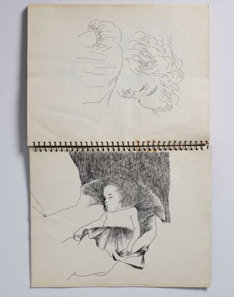 Ruth Asawa, Untitled drawings of Addie Lanier sleeping (SB.013), c1960. Ink on paper in spiral-bound sketchbook, 16 1/2 × 11 in (41.9 × 27.9 cm). Private collection. Artwork © 2023 Ruth Asawa Lanier, Inc. / Artists Rights Society (ARS), New York. Courtesy David Zwirner.