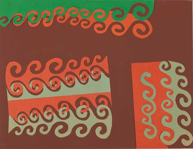 Ruth Asawa, Untitled (BMC.127, Meander in Green, Orange, and Brown), c. 1946-49. Collage of coloured papers mounted to brown paper, 17 1/4 × 22 3/8 in. (43.8 × 56.8 cm). Harvard Art Museums/Busch-Reisinger Museum; gift of Josef Albers. Artwork © 2023 Ruth Asawa Lanier, Inc. / Artists Rights Society (ARS), New York. Courtesy David Zwirner. Photo © President and Fellows of Harvard College, BR49.408.