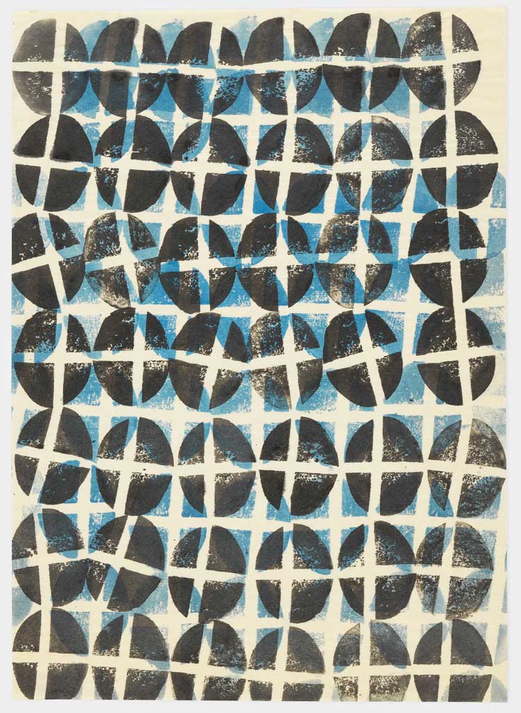 Ruth Asawa, Untitled (SF.047a, Potato Print – Cross, Blue/Black), c1951–52. Stamped ink on Japanese paper, 14 1/4 × 10 in (36.2 × 25.4 cm). Private collection. Artwork © 2023 Ruth Asawa Lanier, Inc. / Artists Rights Society (ARS), New York. Courtesy David Zwirner.