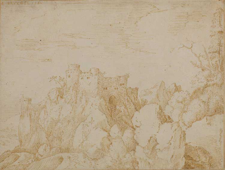 Jacob Savery I (1566-1603), Forgery in the manner of Pieter Bruegel the Elder (1525/30-1569), Rocky landscape with a castle, around 1590, traces of black chalk, pen and brown ink. The Courtauld, London (Samuel Courtauld Trust).