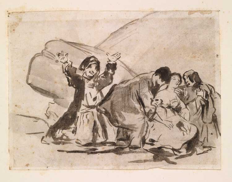 Forgery in the manner of Francisco de Goya y Lucientes (1746-1828), Figures seated by a rock, brush and brown wash. The Courtauld, London (Samuel Courtauld Trust).