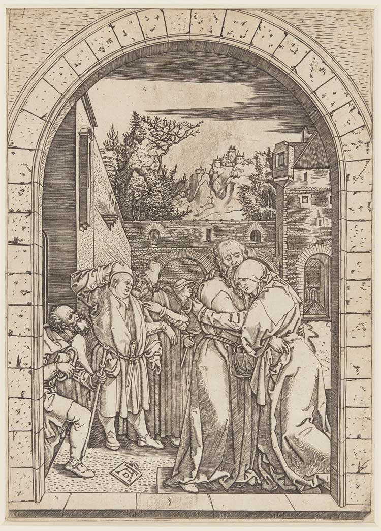 Marcantonio Raimondi (around 1480 – around 1530), after Albrecht Dürer (1471-1528), The Meeting of Saints Anne and Joachim at the Golden Gate, engraving, around 1506. The Courtauld, London (Samuel Courtauld Trust).
