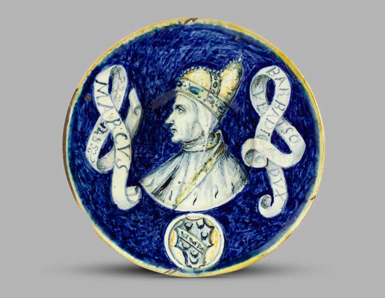 Dish with a portrait of Marco Barbarigo, probably Venice, probably 1850-58, tin-glazed earthenware. The Courtauld, London (Samuel Courtauld Trust).