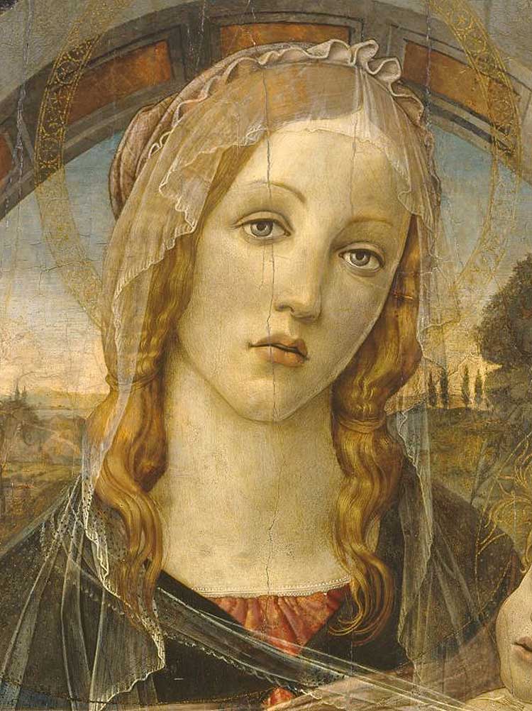 Umberto Giunti (1886-1970), Forgery in the manner of Sandro Botticelli (1444/1445-1510), Virgin and Child, 1920s (detail). Egg tempera on wood panel. The Courtauld, London (Samuel Courtauld Trust).