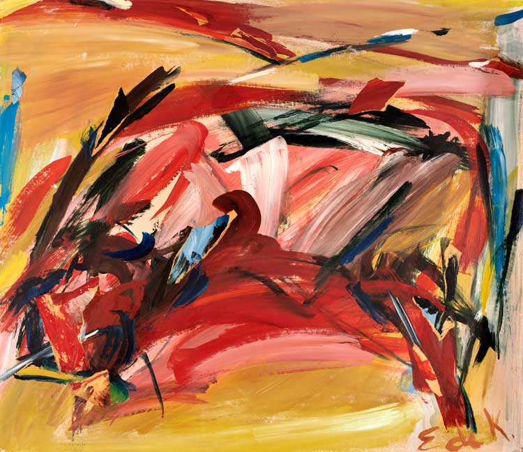 Elaine de Kooning, The Bull, 1959. Acrylic and collage on Masonite, 76.2 x 88.9 cm. Courtesy The Christian Levett Collection. © EdeK Trust.
