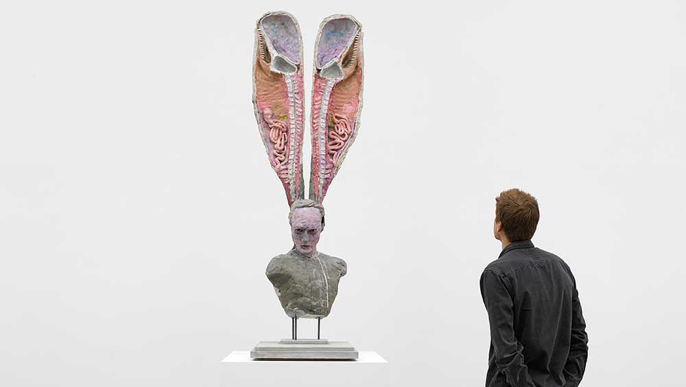 David Altmejd. The Man and the Whale, 2022. Expanding foam, epoxy, glass eyes, acrylic paint, coloured pencil, steel, concrete and wood, overall: 174.6 × 60 × 57.3 cm (68 3/4 × 23 5/8 × 22 9/16 in). © the artist. Photo: © White Cube (Theo Christelis).