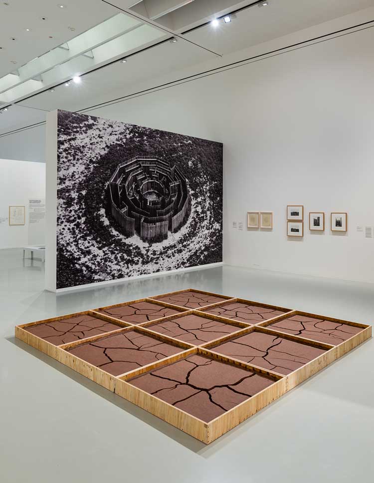Alice Aycock. Clay #2, 1971. Clay mixed with water in wood frame, 48 x 48 x 6 in each. Courtesy of the artist. Collection 49 Nord 6 est - Frac Lorraine, Metz, France. Photo: Herling / Herling / Werner, Installation at the Sprengel Museum, Hannover, Germany, 2019.