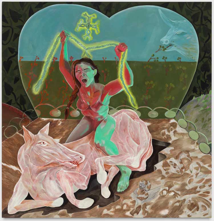 Astrid Terrazas. someone will make a Saddle out of your falling hair, 2021. Oil, cochineal pigment on canvas, 60 x 60 in. Courtesy of the artist and P.P.O.W., New York. Photo: Stan Narten.