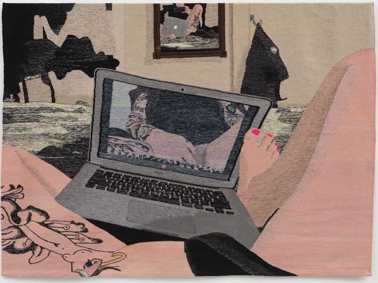 Erin M. Riley. Webcam 2, 2020. Wool, cotton, 72 x 100 in. Courtesy of the artist and P.P.O.W., New York.