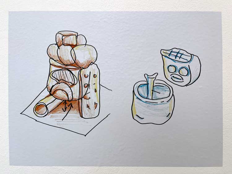 Jane Hall's drawing for the Fun House structure. Assemble and Schools of Tomorrow: The Place We Imagine, installation view at Nottingham Contemporary, 2022.Photo: Veronica Simpson.