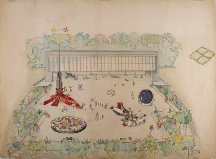 Lina Bo Bardi (Rome, Italy], 1914 – São Paulo, Brazil, 1992). Preliminary Study – Practicable Sculptures for the Belvedere at Museu de Arte Trianon, 1968. Collage, China ink and watercolour on paper, 56.2 × 76.5 cm. Collection Museu de Arte de São Paulo Assis Chateaubriand. Gift of Instituto Lina Bo e P.M. Bardi, 2006. MASP.04442.Photo: MASP.
