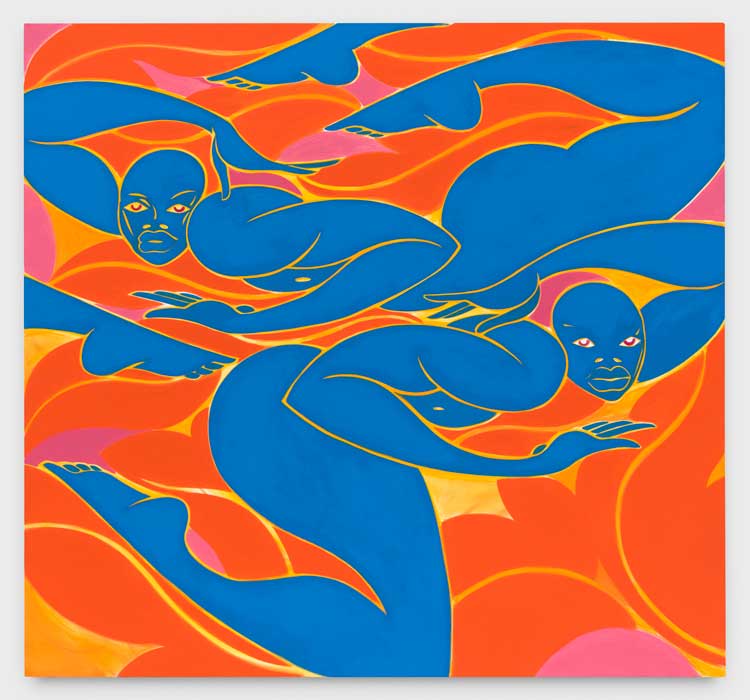 Tunji Adeniyi-Jones. Twin Virtues in Blue & Orange, 2021. Oil on canvas, 149.9 x 139.7 cm (59 x 55 in). © the artist. Photo © JSP Art Photography. Courtesy White Cube.