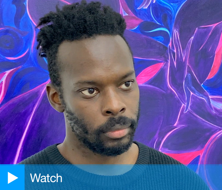 Tunji Adeniyi-Jones talking to Studio International at the opening of That Which Binds Us at White Cube Bermondsey, London, 19 November 2021. Photo: Martin Kennedy.