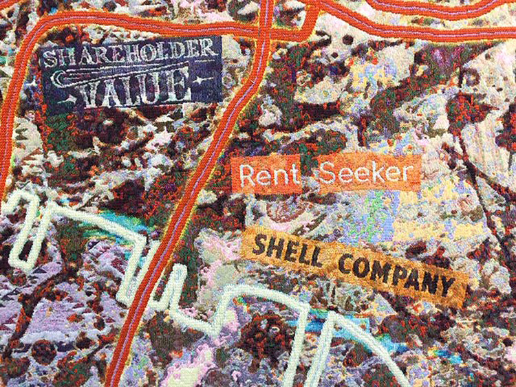 Grayson Perry. Very Large Very Expensive Abstract Painting, 2020 (detail). Tapestry, 292 x 688 cm (114 15/16 x 270 7/8 in). Installation view, The Armory Show 2021. Photo: Jill Spalding.