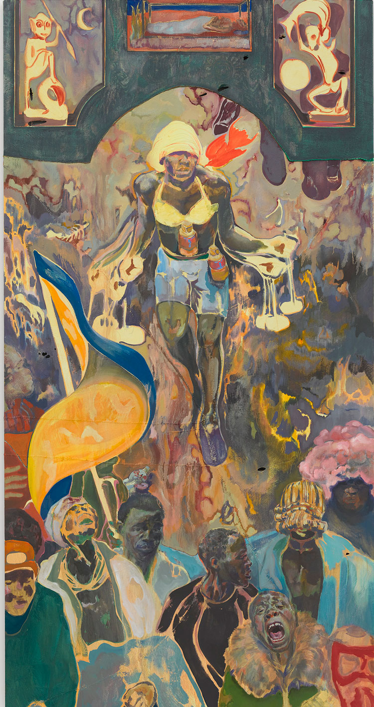 Michael Armitage, Pathos and the twilight of the idle, 2019. Oil on Lubugo bark cloth, 330 x 170 cm. Courtesy of the Artist and White Cube © Michael Armitage. Photo: © White Cube (Theo Christelis).