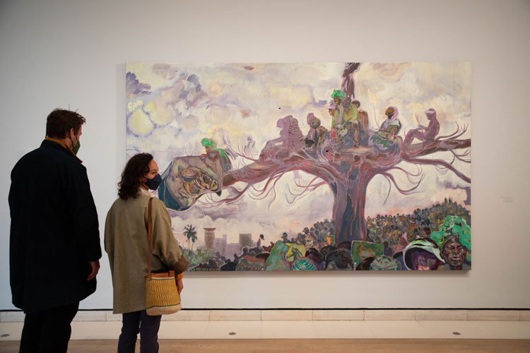 Michael Armitage, The Fourth Estate, 2017, installation view, Michael Armitage: Paradise Edict, 22 May – 19 September 2021, Royal Academy of Arts, London.. On loan from The Joyner/Giuffrida Collection © Michael Armitage. Photo: David Parry / © Royal Academy of Arts.