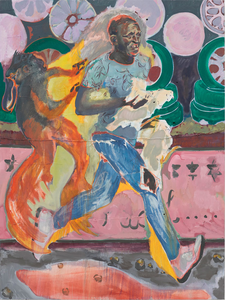 Michael Armitage, The Chicken Thief, 2019. Oil on Lubugo bark cloth, 200 x 150 cm. Courtesy of the Artist and White Cube © Michael Armitage. Photo: © White Cube (Theo Christelis).