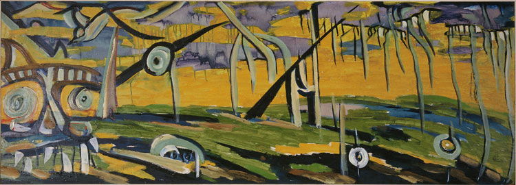 Elimo Njau, Dream Landscape, 1968. Oil on canvas, 47.5 x 132.3 cm. Weltkulturen Museum, Frankfurt am Main © Elimo Njau. Photo: Maria Obermaier.