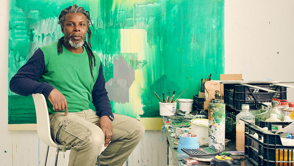 Hurvin Anderson in his studio. Photo: Sebastian Nevols. © Hurvin Anderson. Courtesy the artist and Thomas Dane Gallery.