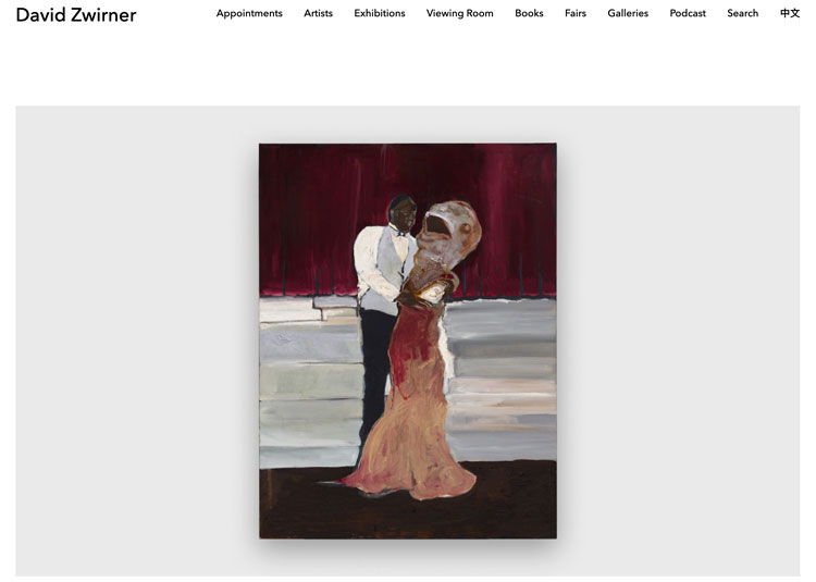 Noah Davis. Winter Formal, 2008. Oil and acrylic on canvas, 40 1/4 x 30 1/8 in (102.2 x 76.5 cm). David Zwirner, Art Basel Miami Beach, OVR2020, screenshot.