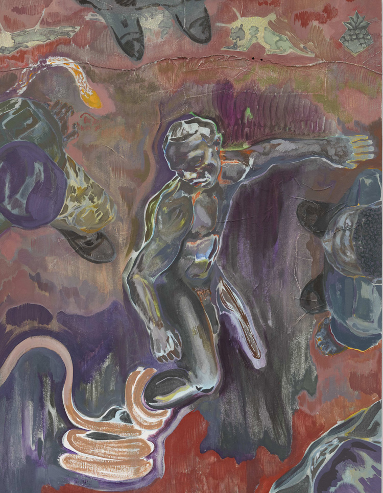 Michael Armitage, Nyayo, 2017. Oil on Lubugo bark cloth, 220 x 170 cm. © Michael Armitage. Photo © White Cube, George Darrell.