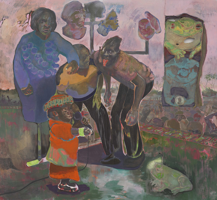 Michael Armitage, The promise of change, 2018. Oil on Lubugo bark cloth, 220 x 240 cm. © Michael Armitage. Photo © White Cube, Ollie Hammick.