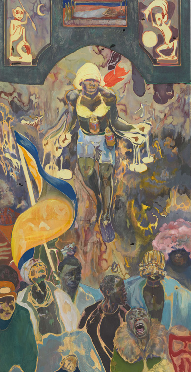 Michael Armitage, Pathos and the twilight of the idle, 2019. Oil on Lubugo bark cloth, 330 x 170 cm. © Michael Armitage. Photo © White Cube, Theo Christelis.