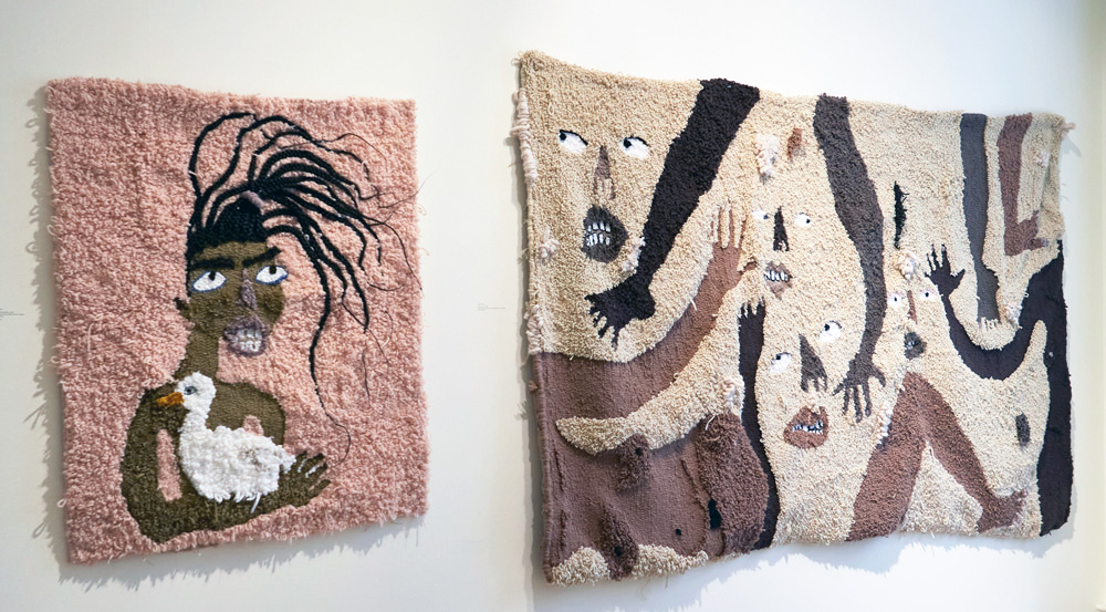 Anya Paintsi, THIRTY SIX INCH IN SIX THIRTEEN, 2019. Punch needled acrylic, wool, cotton and kanekalon hair on hessian, 68 x 88 cm. Courtesy Ed Cross Fine Art.
