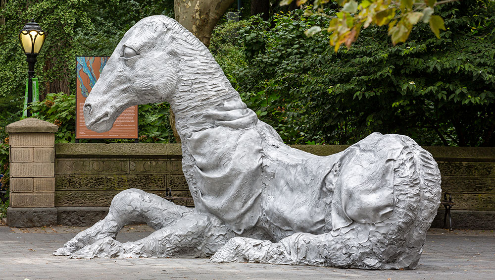 Jean-Marie Appriou, The Horses, 2019. Cast aluminum, courtesy of the artist and CLEARING, New York/Brussels; Galerie Eva Presenhuber, Zürich/New York. Presented by Public Art Fund, Doris C. Freedman Plaza, Central Park, Sep 11, 2019 - Aug 30, 2020. Photo: Nicholas Knight, Courtesy of Public Art Fund, NY.