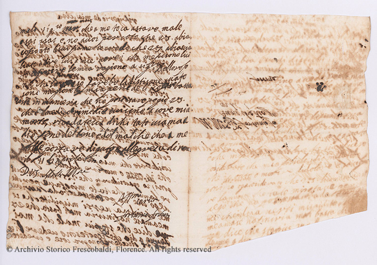 Solinas 2011, Letter 20, Artemisia to Francesco Maria Maringhi. Rome, 11 April 1620. Paper. Archivio Storico Frescobaldi, Florence. © Photo courtesy of the owner.