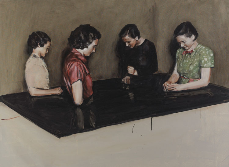 Michaël Borremans, Four Fairies, 2003. The Performance: Paintings by Michaël Borremans,  Parasol unit, London, 4 May – 30 June 2005. Courtesy of the artist and Parasol unit.