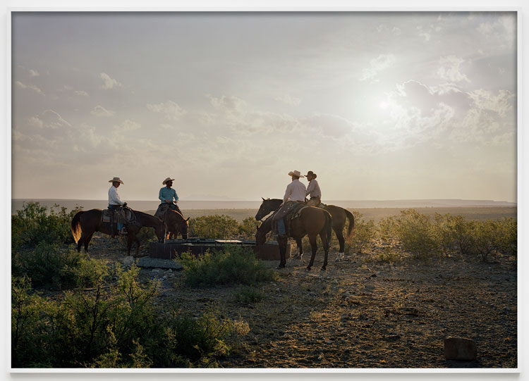An-My Lê. Fragment II: Cattle Drive at Perdiz Creek Ranch (Reservoir), Maria, Texas, 2019, from The Silent General. Pigment print, 56 1/2 x 40 in (143.5 x 101.6 cm). © An-My Lê. Courtesy the artist and Marian Goodman Gallery New York, Paris and London.