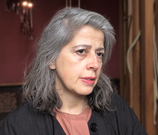 Leonor Antunes speaking to Studio International at the opening of a seam, a surface, a hinge or a knot, Portugal in Venice 2019. Photo: Martin Kennedy.