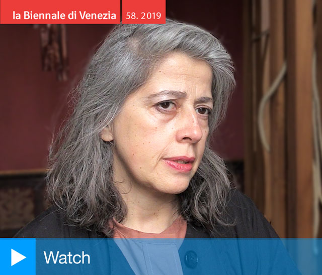 Leonor Antunes speaking to Studio International at the opening of a seam, a surface, a hinge or a knot, Portugal in Venice 2019. Photo: Martin Kennedy.