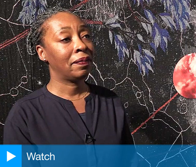 Otobong Nkanga talking to Studio International at the opening of Artes Mundi 8, National Museum Cardiff, 25 October 2018. Photo: Martin Kennedy.