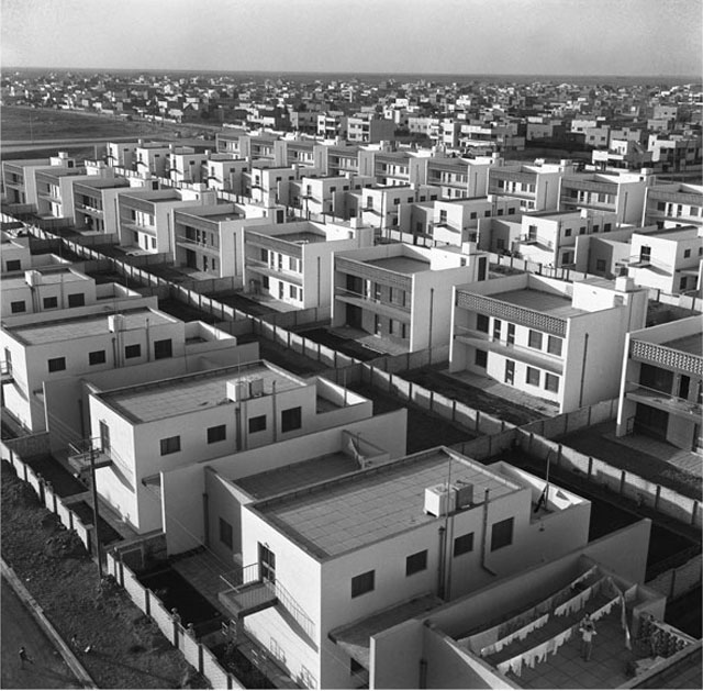 Latif Al Ani. Yarmouk, Housing Project Offices, 1962. B+W digital print on Hahnemühle Baryta Fine Art paper, 25 x 25 cm. © The artist and the Arab Image Foundation, Courtesy the Ruya Foundation.