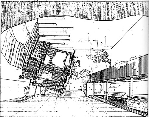 Alvar Aalto. Finland Pavilion, interior perspective of the forest wall (1939).