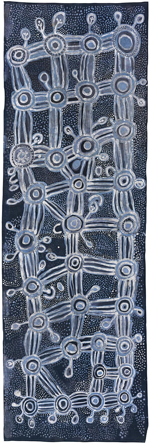 Peggy Napurrula Poulson, Yarla Jukurrpa (Bush yam Dreaming), 1986. Batik on cotton, 257.3 x 84.8 cm. National Gallery of Victoria, Melbourne. Presented through the NGV Foundation by Felicity Wright, Fellow, 2002 © Peggy Napurrula Poulson courtesy of Warlukurlangu Artists, NT