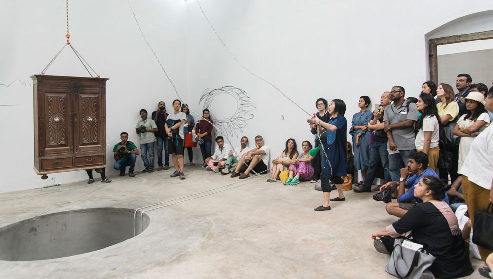 Aki Sasamoto. Random memo random, 2016. Installation with performance and video documentation, dimensions variable. On display at the Kochi-Muziris Biennale 2016. Photograph: Sheena Dabholkar.