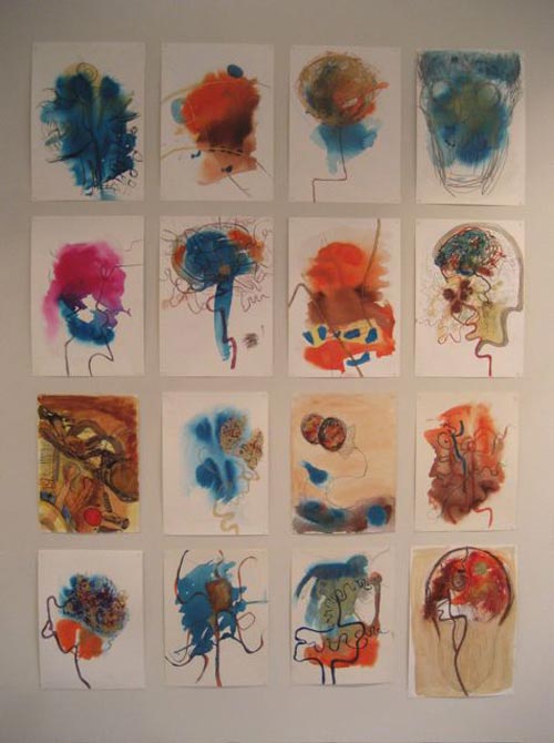 Susan Aldworth. Location Drawings, 2005–06. Acrylic inks on paper, 42 x 30 cm each (installation shot from ‘Scribing the Soul’ at Transition Gallery)