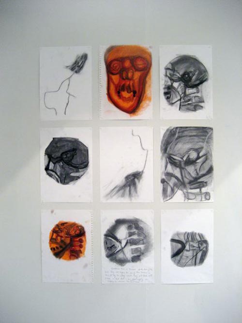 Susan Aldworth. Location Drawings, 2000–02. Charcoal and chalk paste on paper, 42 x 29.5 cm each (installation shot from Scribing the Soul at Transition Gallery)