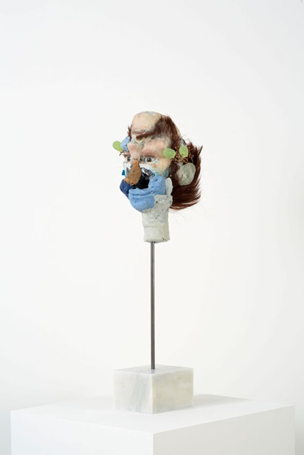 David Altmejd. Juliette's Self Portrait, 2015. Polyurethane foam, epoxy gel, epoxy clay, resin, acrylic paint, bronze, synthetic hair, synthetic lashes, glass eyes, cavansite, steel, marble, 75 x 19.5 x 23 cm (29 1/2 x 7 5/8 x 9 1/8 in).
