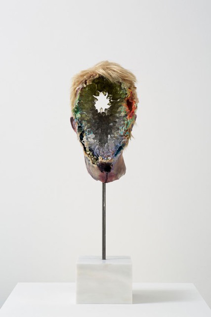 David Altmejd. Eye, 2015. Polyurethane foam, epoxy clay, epoxy gel, acrylic paint, synthetic hair, resin, glass stain, quartz, pyrite, celestite, amethyst, fluorite, steel, marble, 60 x 15.5 x 14 cm (23 5/8 x 6 1/8 x 5 1/2 in).